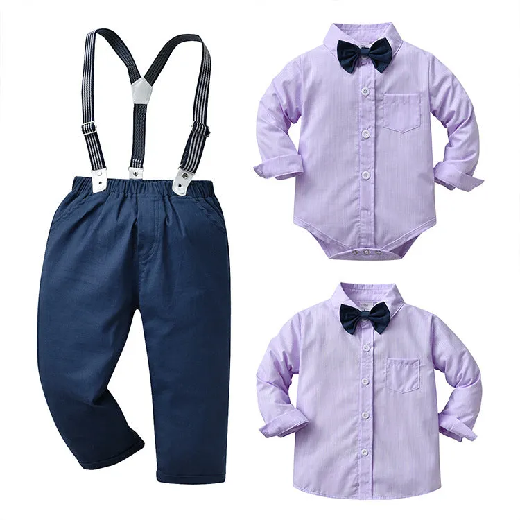 2 Pieces Set Baby Kid Boys Birthday Party Bow Shirts And Color-blocking Jumpsuits Wholesale 220920460