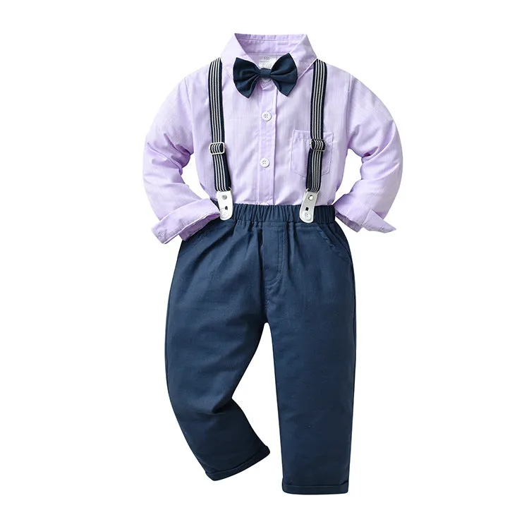 2 Pieces Set Baby Kid Boys Birthday Party Bow Shirts And Color-blocking Jumpsuits Wholesale 220920460