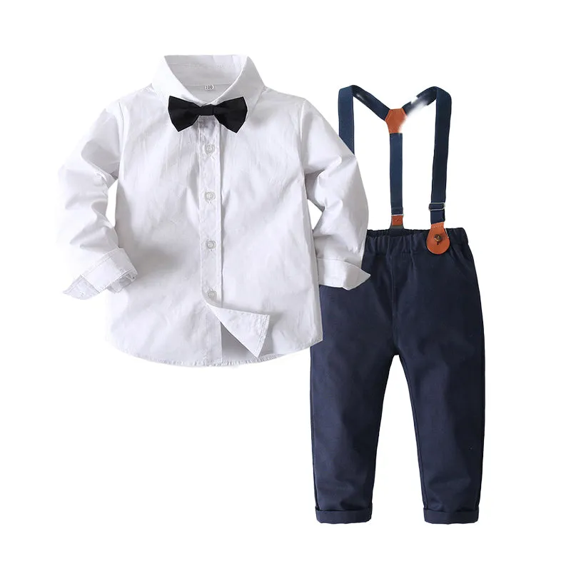 2 Pieces Set Baby Kid Boys Birthday Party Bow Shirts And Solid Color Jumpsuits Wholesale 23021612