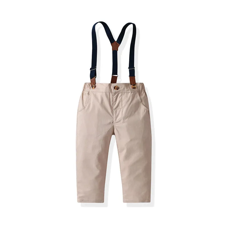 2 Pieces Set Baby Kid Boys Birthday Party Checked Bow Shirts And Solid Color Jumpsuits Wholesale 211109220