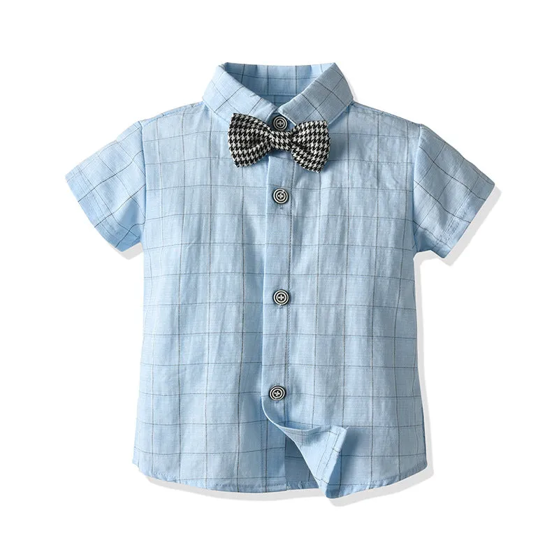 2 Pieces Set Baby Kid Boys Birthday Party Checked Bow Shirts And Solid Color Jumpsuits Wholesale 22092067