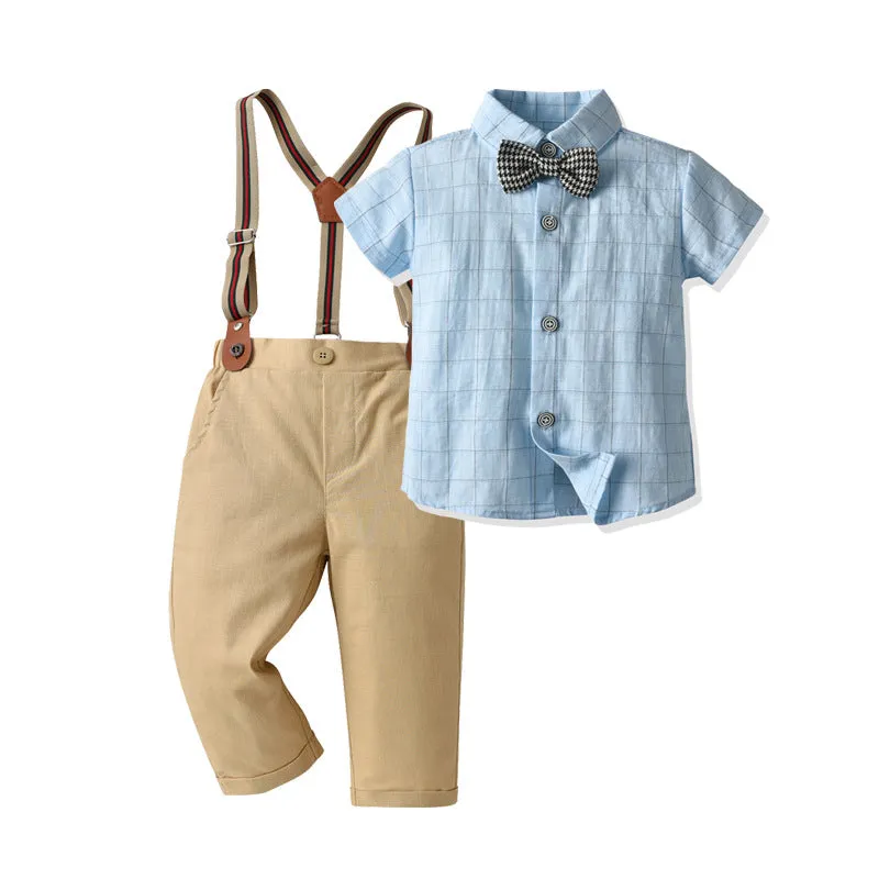 2 Pieces Set Baby Kid Boys Birthday Party Checked Bow Shirts And Solid Color Jumpsuits Wholesale 22092067
