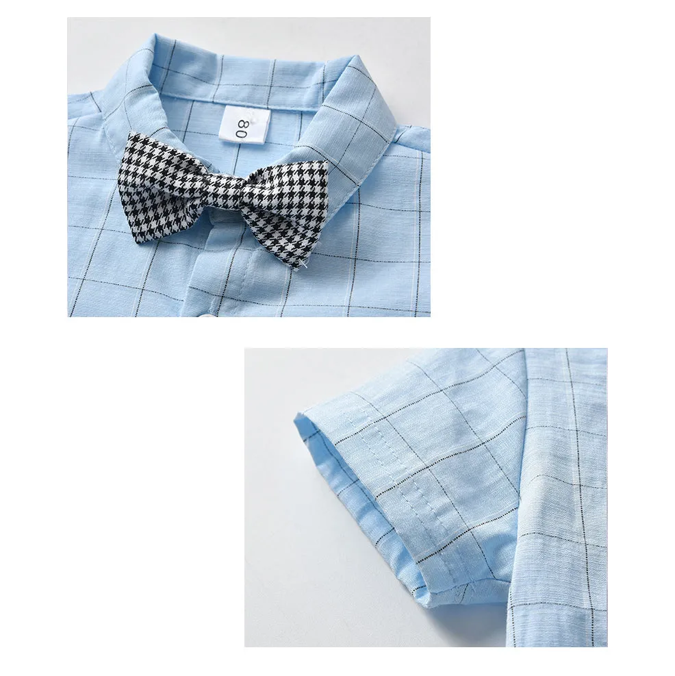 2 Pieces Set Baby Kid Boys Birthday Party Checked Bow Shirts And Solid Color Jumpsuits Wholesale 22092067