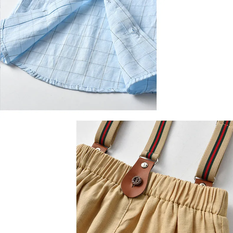 2 Pieces Set Baby Kid Boys Birthday Party Checked Bow Shirts And Solid Color Jumpsuits Wholesale 22092067