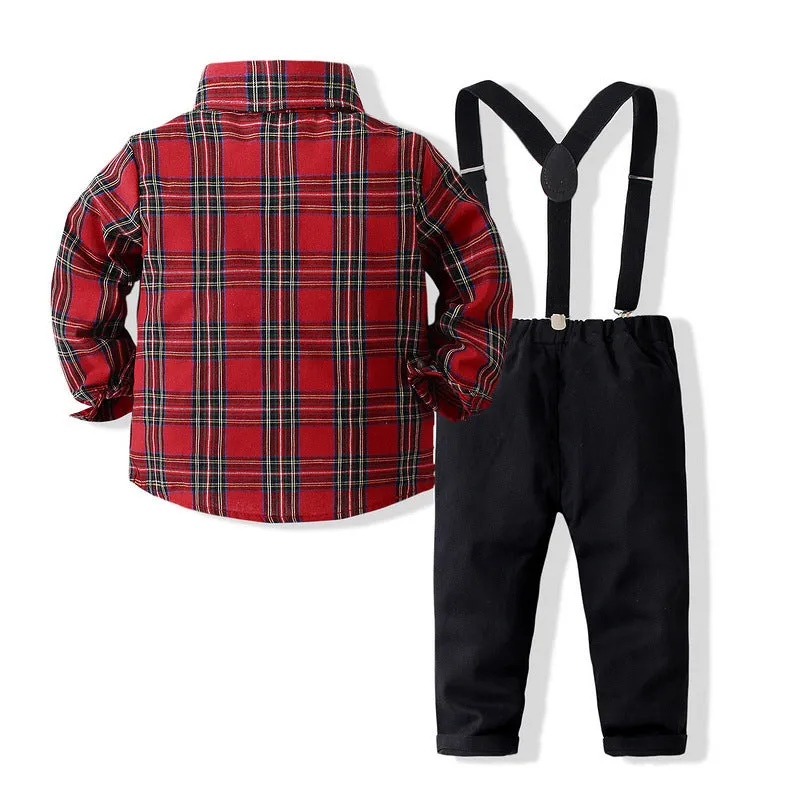 2 Pieces Set Baby Kid Boys Birthday Party Checked Bow Shirts And Solid Color Jumpsuits Wholesale 221216292