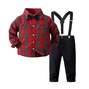2 Pieces Set Baby Kid Boys Birthday Party Checked Bow Shirts And Solid Color Jumpsuits Wholesale 221216292