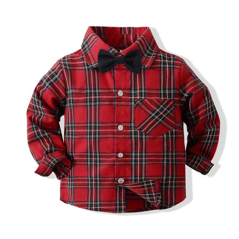 2 Pieces Set Baby Kid Boys Birthday Party Checked Bow Shirts And Solid Color Jumpsuits Wholesale 221216292