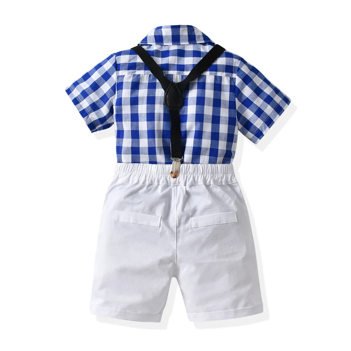 2 Pieces Set Baby Kid Boys Birthday Party Checked Bow Shirts And Solid Color Rompers Wholesale 22053198