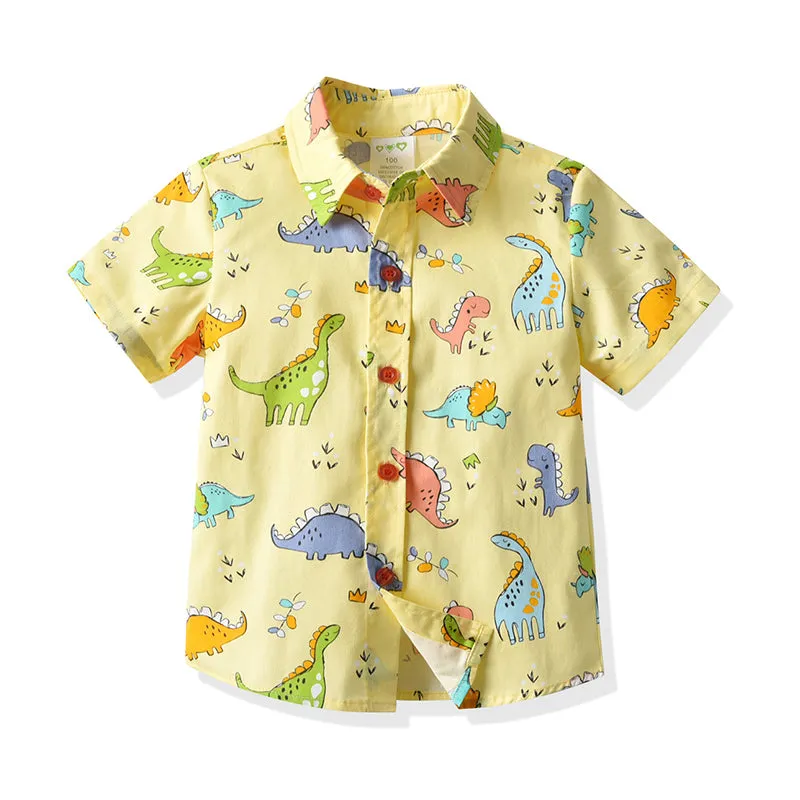 2 Pieces Set Baby Kid Boys Birthday Party Dinosaur Bow Print Shirts And Solid Color Rompers Wholesale 211109211