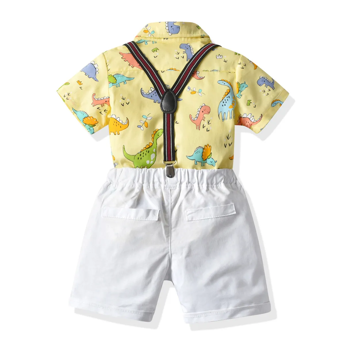 2 Pieces Set Baby Kid Boys Birthday Party Dinosaur Bow Print Shirts And Solid Color Rompers Wholesale 211109211