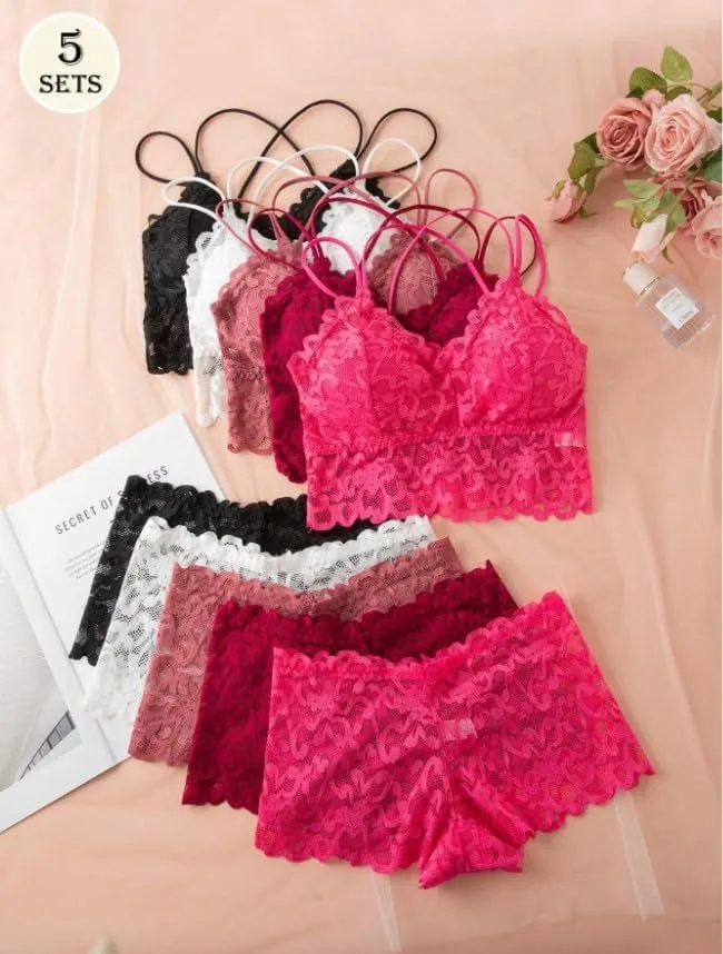 5-Piece Lace Lingerie Set - Romantic Sheer Camisole and Boyshorts in Christmas Red, Comfortable and Wire-Free