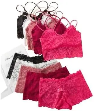 5-Piece Lace Lingerie Set - Romantic Sheer Camisole and Boyshorts in Christmas Red, Comfortable and Wire-Free