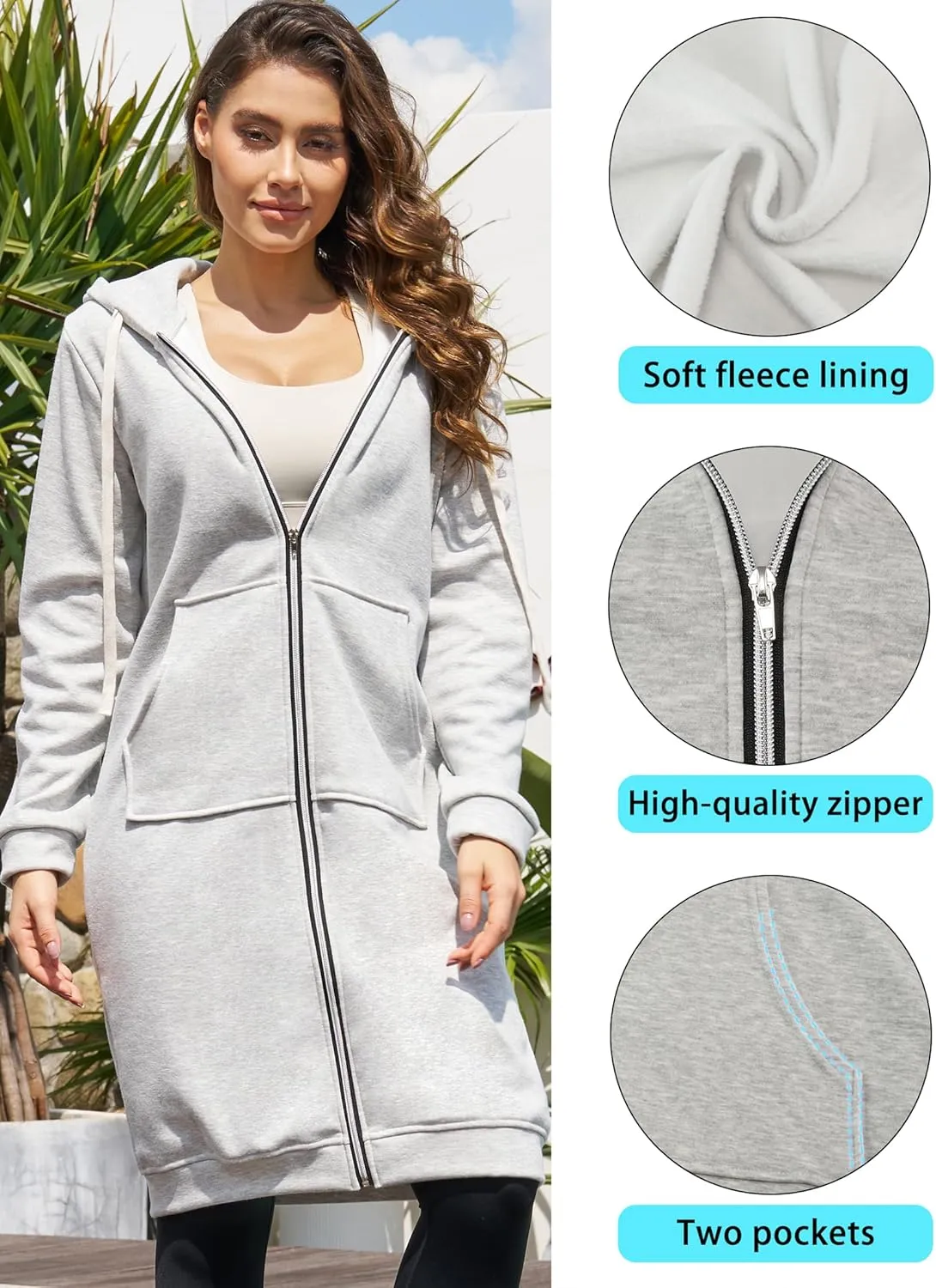 Ablanczoom Hoodies for Women Fashion Sweatshirts: Comfortable Full Zip Up Hoodie Womens Long Fleece Sweatshirt with Pockets