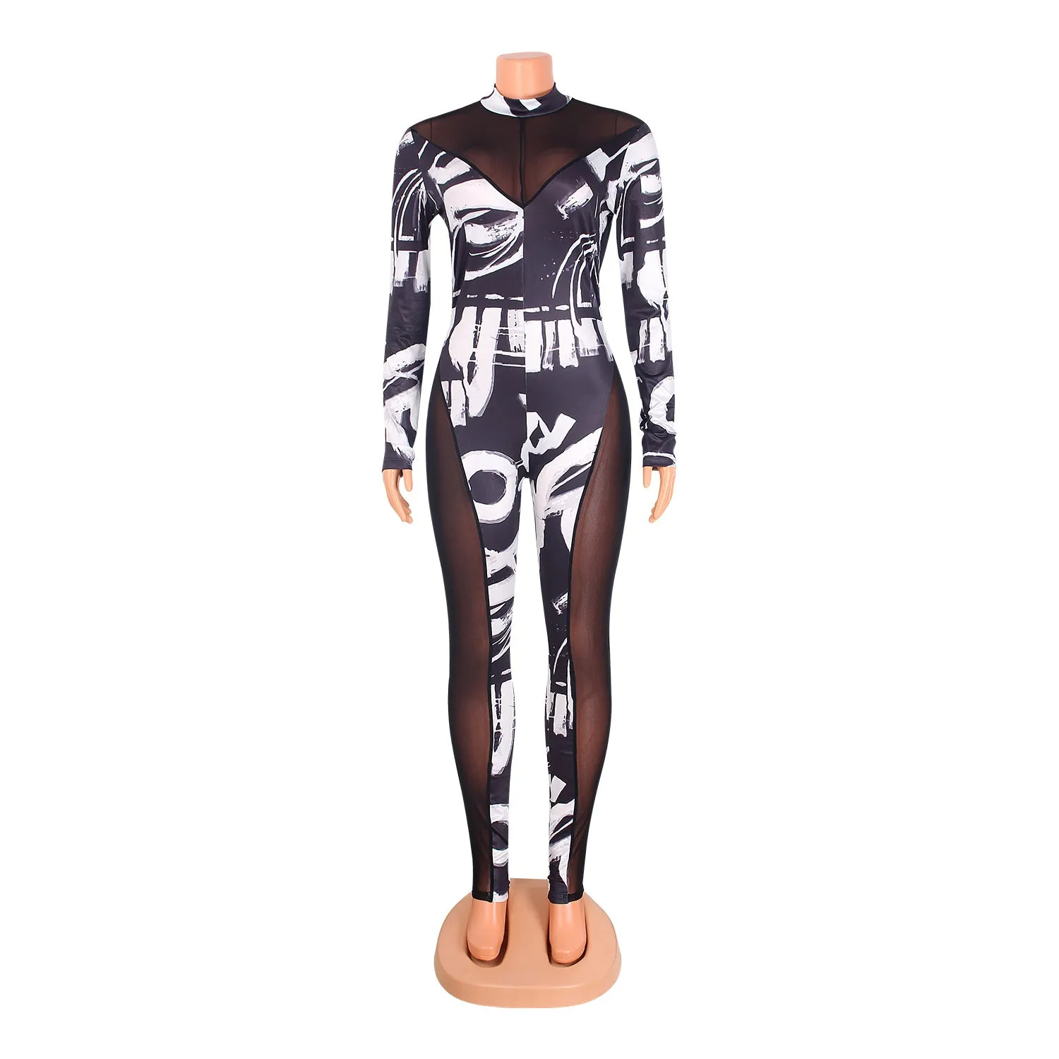 Abstract Fashion Print Sexy Autumn Mesh Stitching Jumpsuit Womens Sweat Suits Wholesale