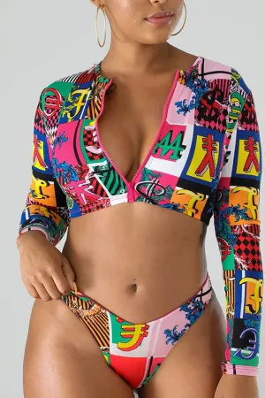 Abstract Print Stylish Zip Through Bikini