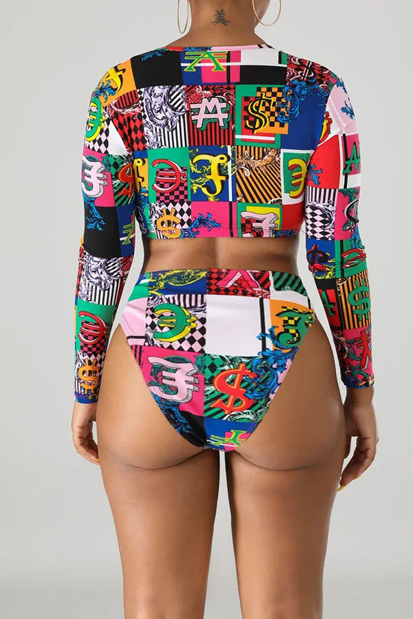 Abstract Print Stylish Zip Through Bikini