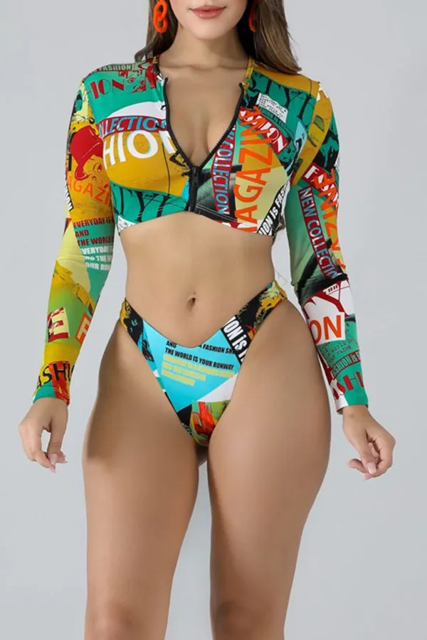 Abstract Print Stylish Zip Through Bikini
