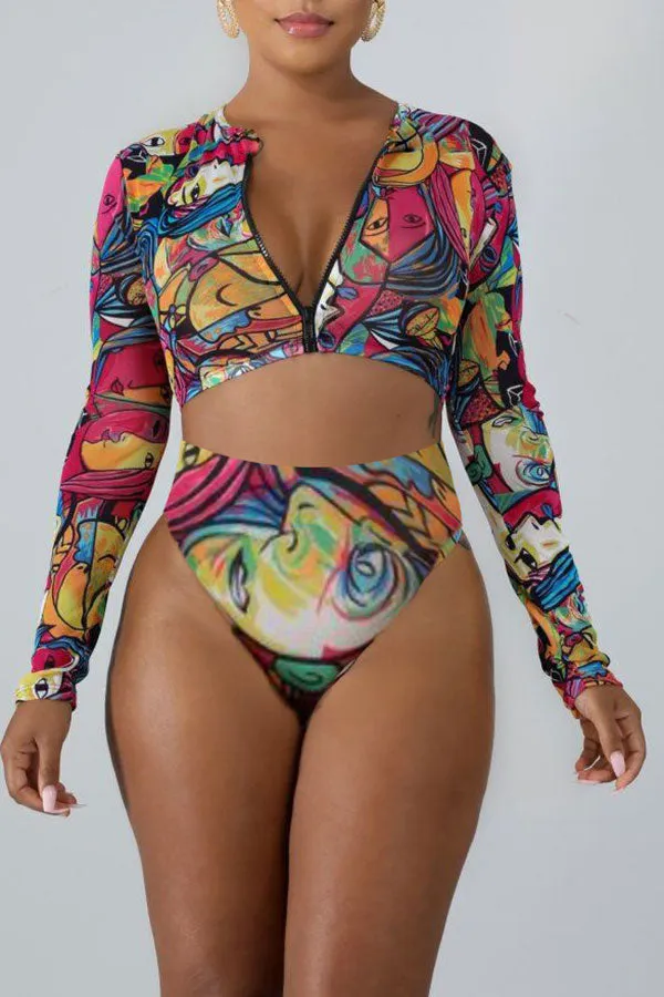 Abstract Print Stylish Zip Through Bikini