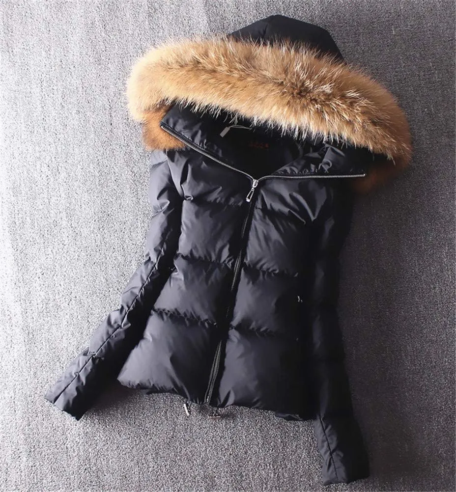 ACE SHOCK Women's Down Coats with Fur Hood Warm Short Puffer Jacket Slim Fit Winter Parka