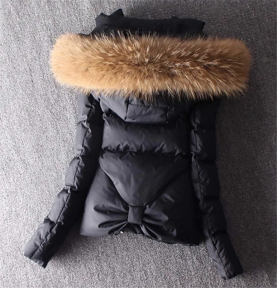 ACE SHOCK Women's Down Coats with Fur Hood Warm Short Puffer Jacket Slim Fit Winter Parka