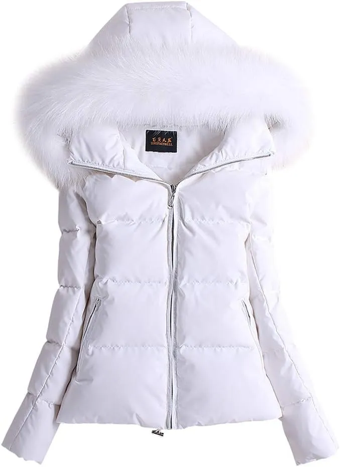 ACE SHOCK Women's Down Coats with Fur Hood Warm Short Puffer Jacket Slim Fit Winter Parka