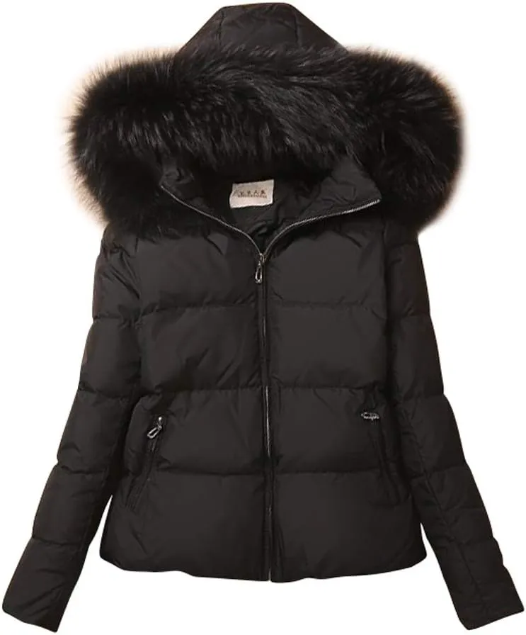 ACE SHOCK Women's Down Coats with Fur Hood Warm Short Puffer Jacket Slim Fit Winter Parka