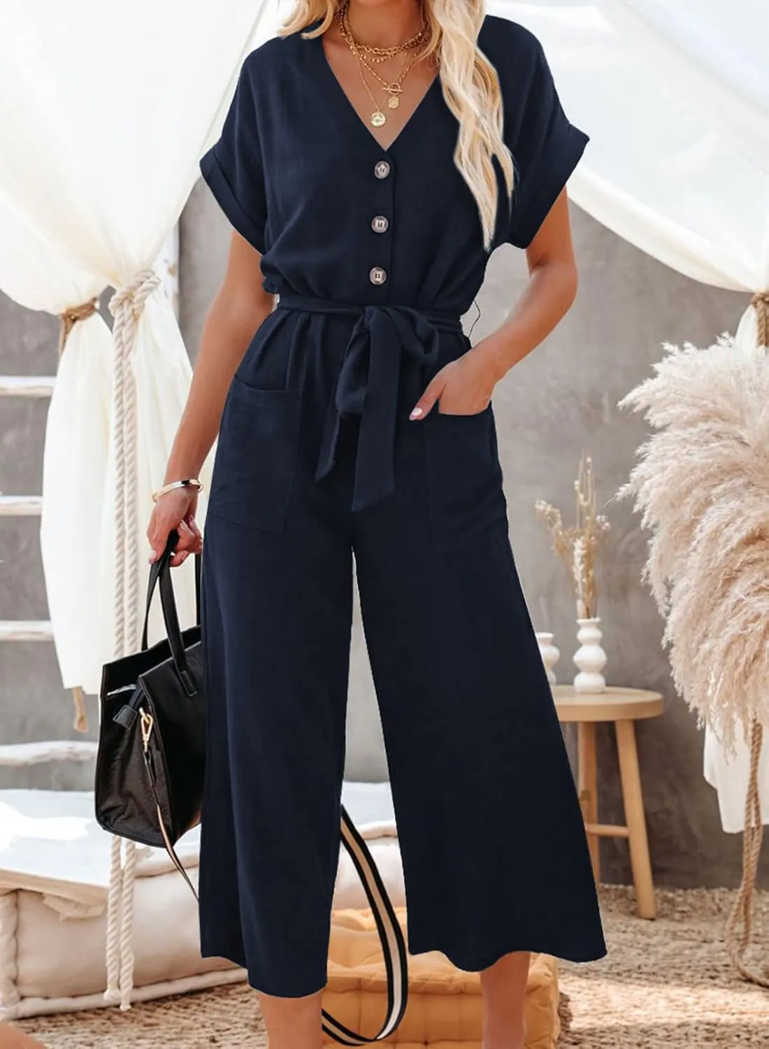 Acelitt Women Casual V Neck Short Sleeve Button Belted Wide Leg Jumpsuits,S-XXL