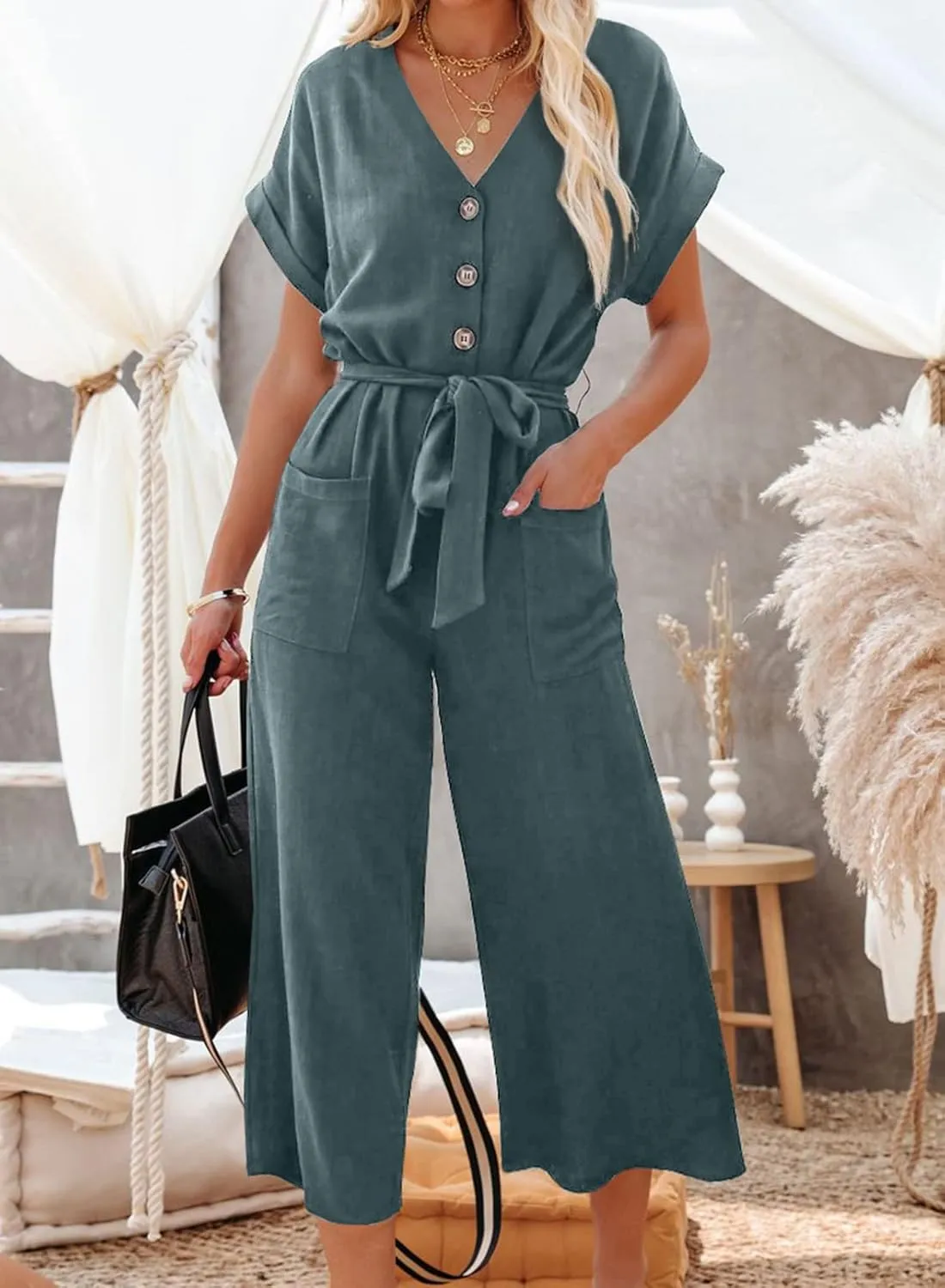 Acelitt Women Casual V Neck Short Sleeve Button Belted Wide Leg Jumpsuits,S-XXL