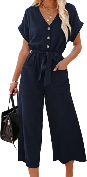 Acelitt Women Casual V Neck Short Sleeve Button Belted Wide Leg Jumpsuits,S-XXL