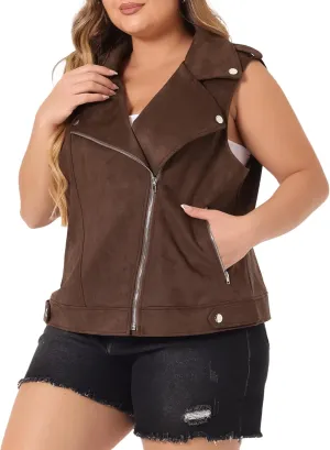 Agnes Orinda Plus Size Faux Suede Vests for Women Winter Utility Moto Biker Sleeveless Lapel Zipper Jacket Vest
