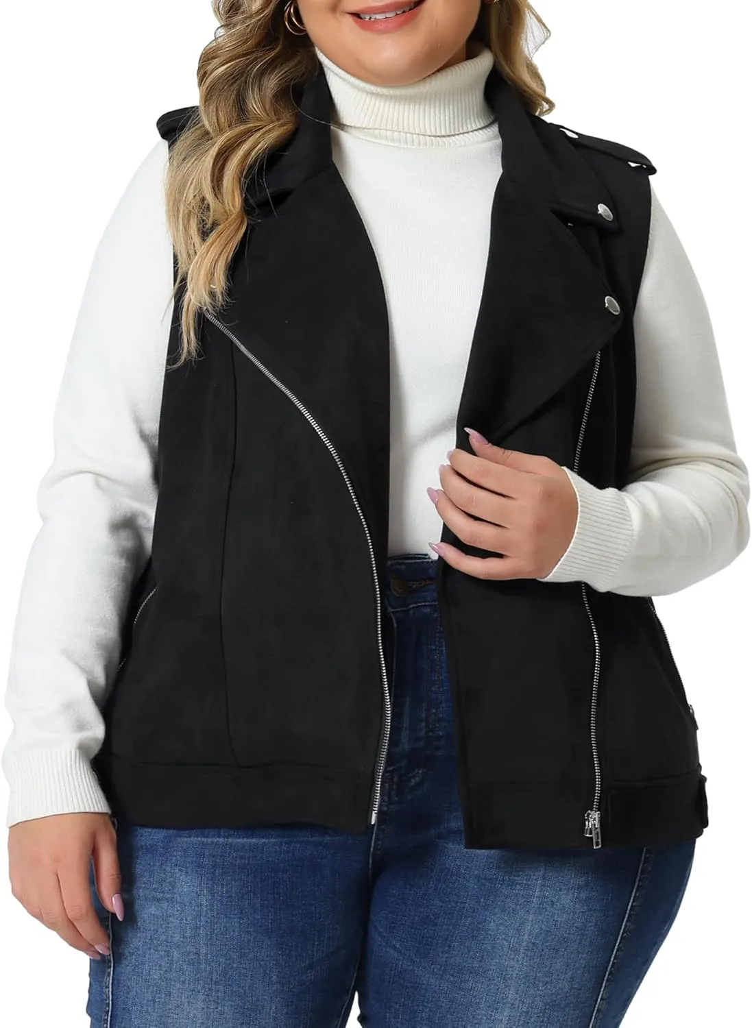 Agnes Orinda Plus Size Faux Suede Vests for Women Winter Utility Moto Biker Sleeveless Lapel Zipper Jacket Vest