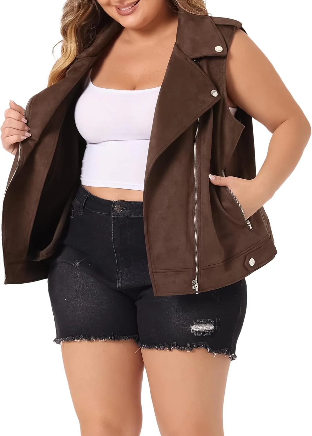 Agnes Orinda Plus Size Faux Suede Vests for Women Winter Utility Moto Biker Sleeveless Lapel Zipper Jacket Vest