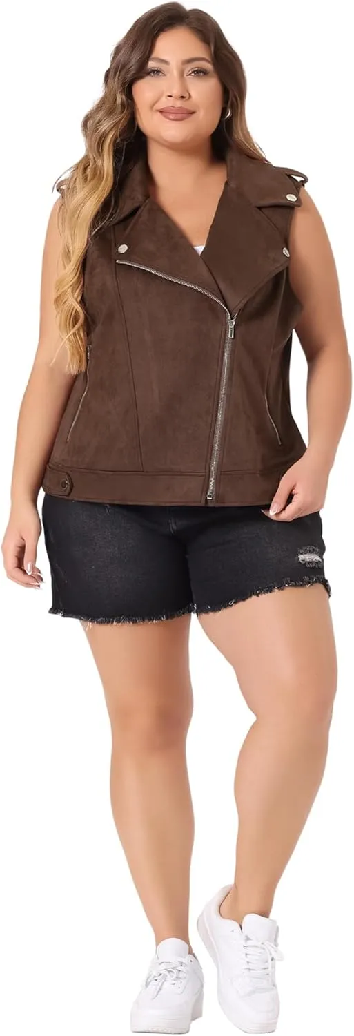 Agnes Orinda Plus Size Faux Suede Vests for Women Winter Utility Moto Biker Sleeveless Lapel Zipper Jacket Vest
