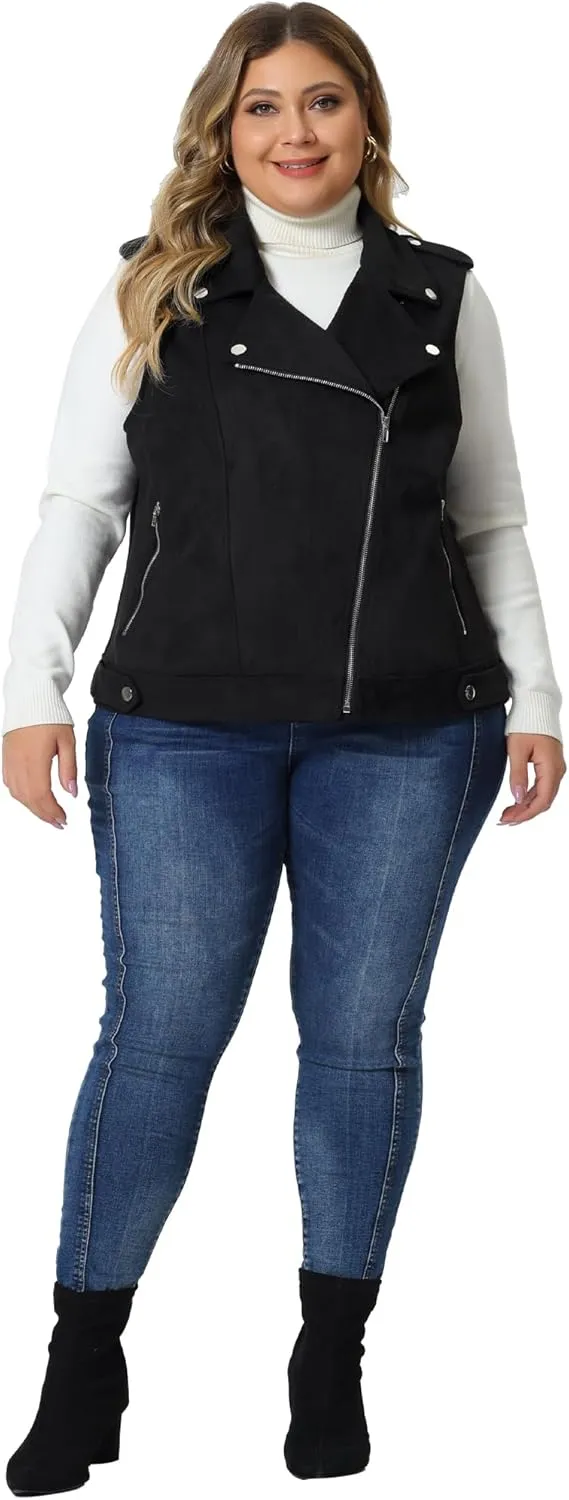 Agnes Orinda Plus Size Faux Suede Vests for Women Winter Utility Moto Biker Sleeveless Lapel Zipper Jacket Vest