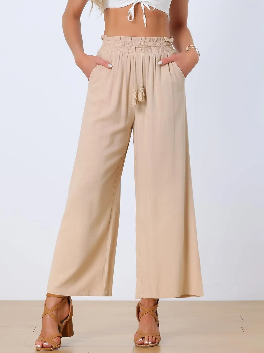 Allegra K Linen Palazzo Pants for Women's Summer Boho Wide Leg High Waist Pockets Casual Lounge Pant Trousers
