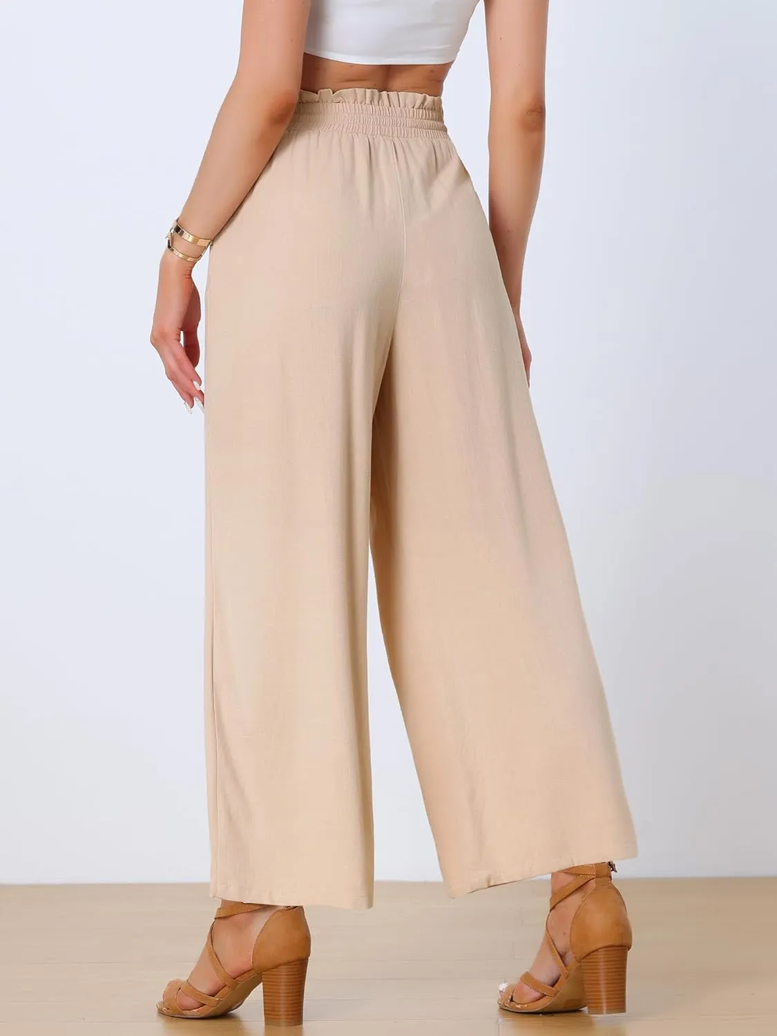 Allegra K Linen Palazzo Pants for Women's Summer Boho Wide Leg High Waist Pockets Casual Lounge Pant Trousers