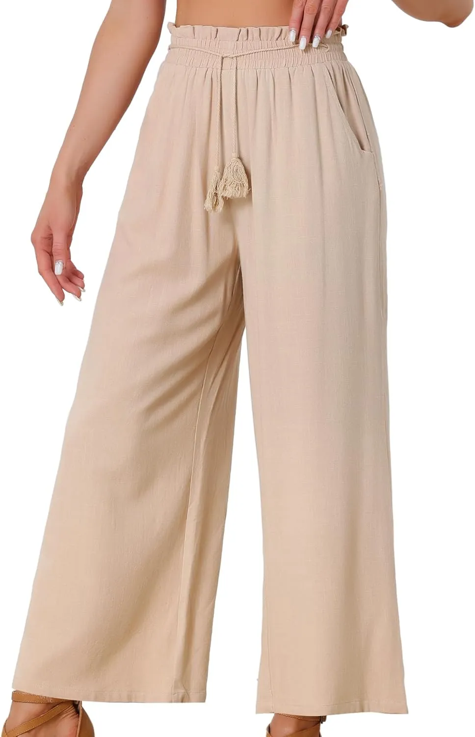 Allegra K Linen Palazzo Pants for Women's Summer Boho Wide Leg High Waist Pockets Casual Lounge Pant Trousers