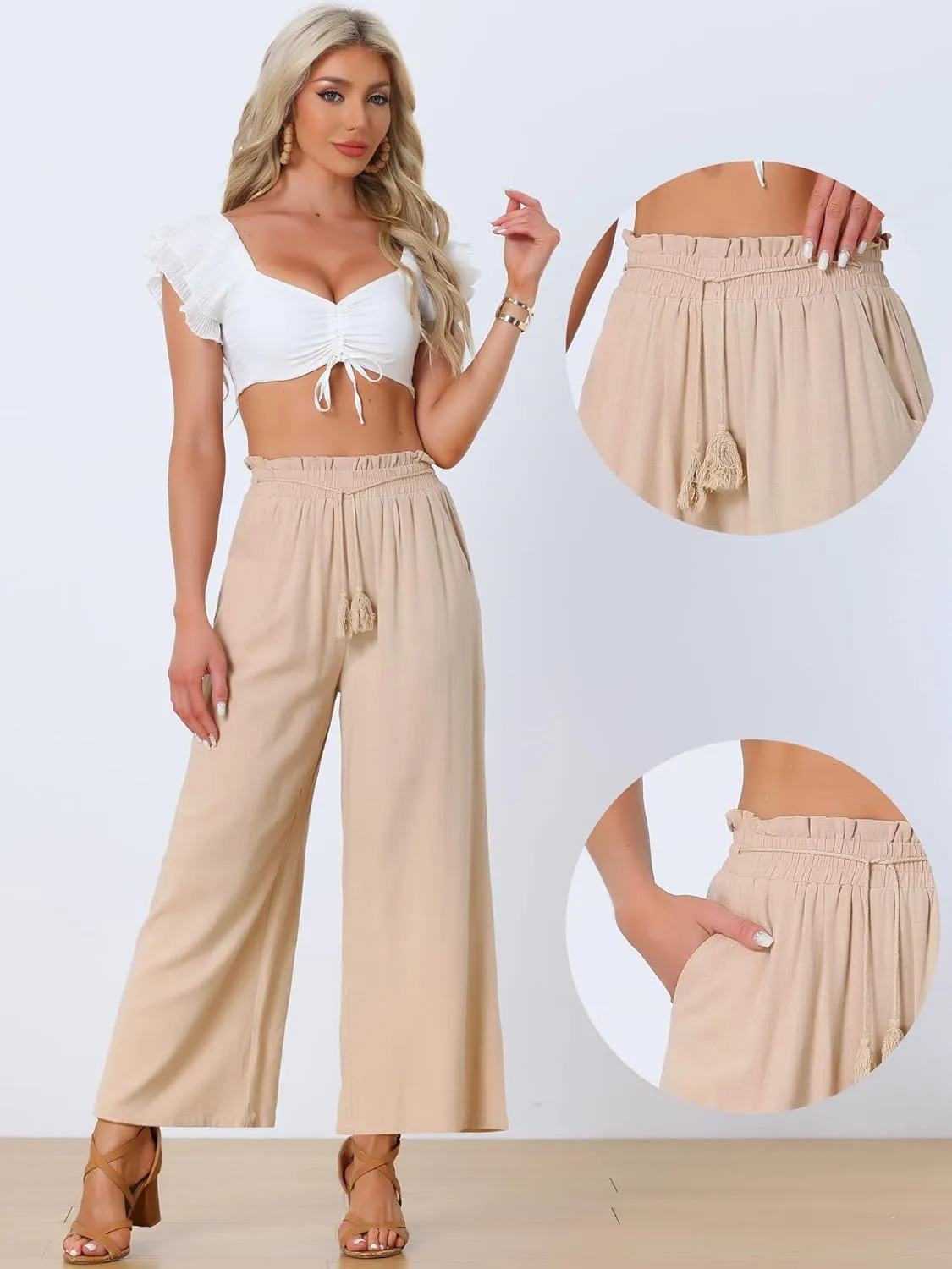 Allegra K Linen Palazzo Pants for Women's Summer Boho Wide Leg High Waist Pockets Casual Lounge Pant Trousers
