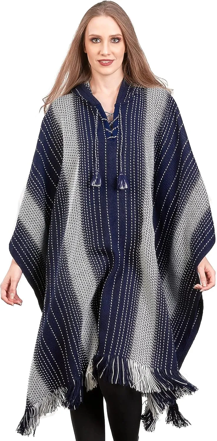 Alpaca Hooded Poncho for Women- Hippie Cloak Cape with Hood - WomensTraditional Serape Knitted with Alpaca Wool