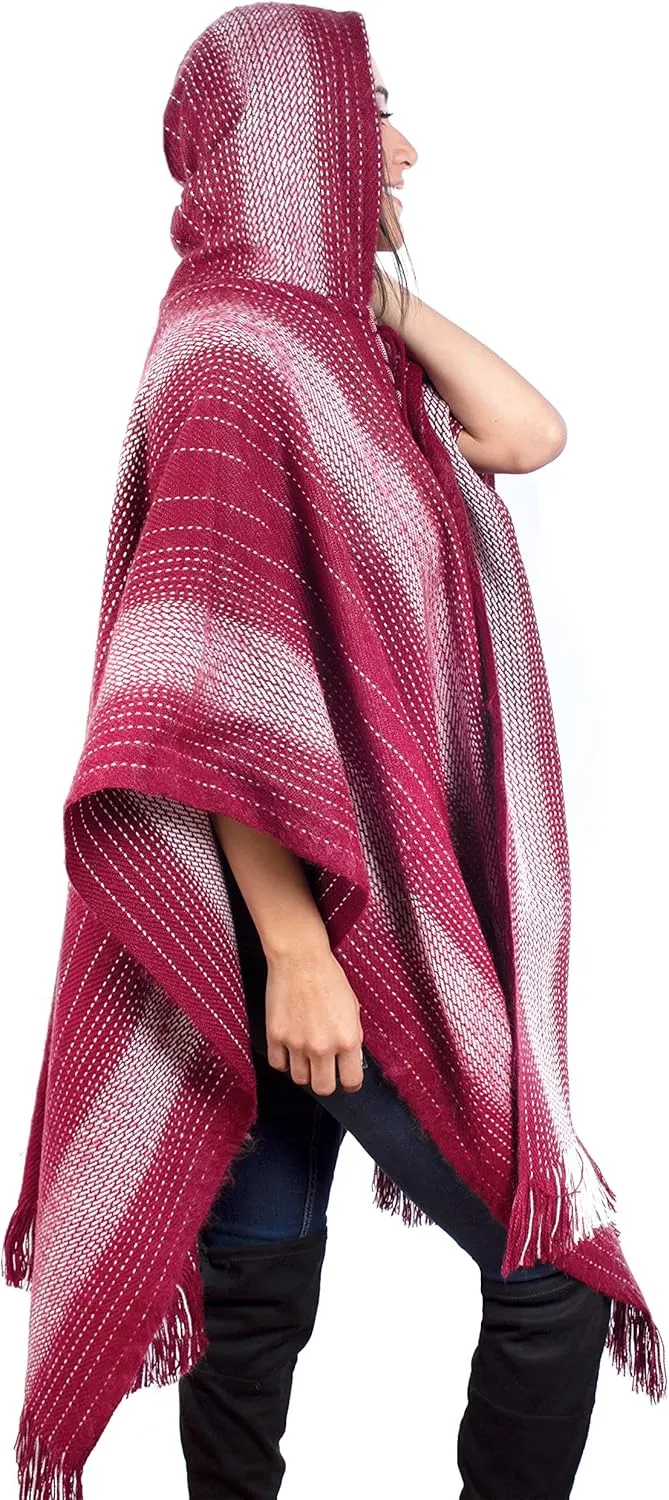Alpaca Hooded Poncho for Women- Hippie Cloak Cape with Hood - WomensTraditional Serape Knitted with Alpaca Wool