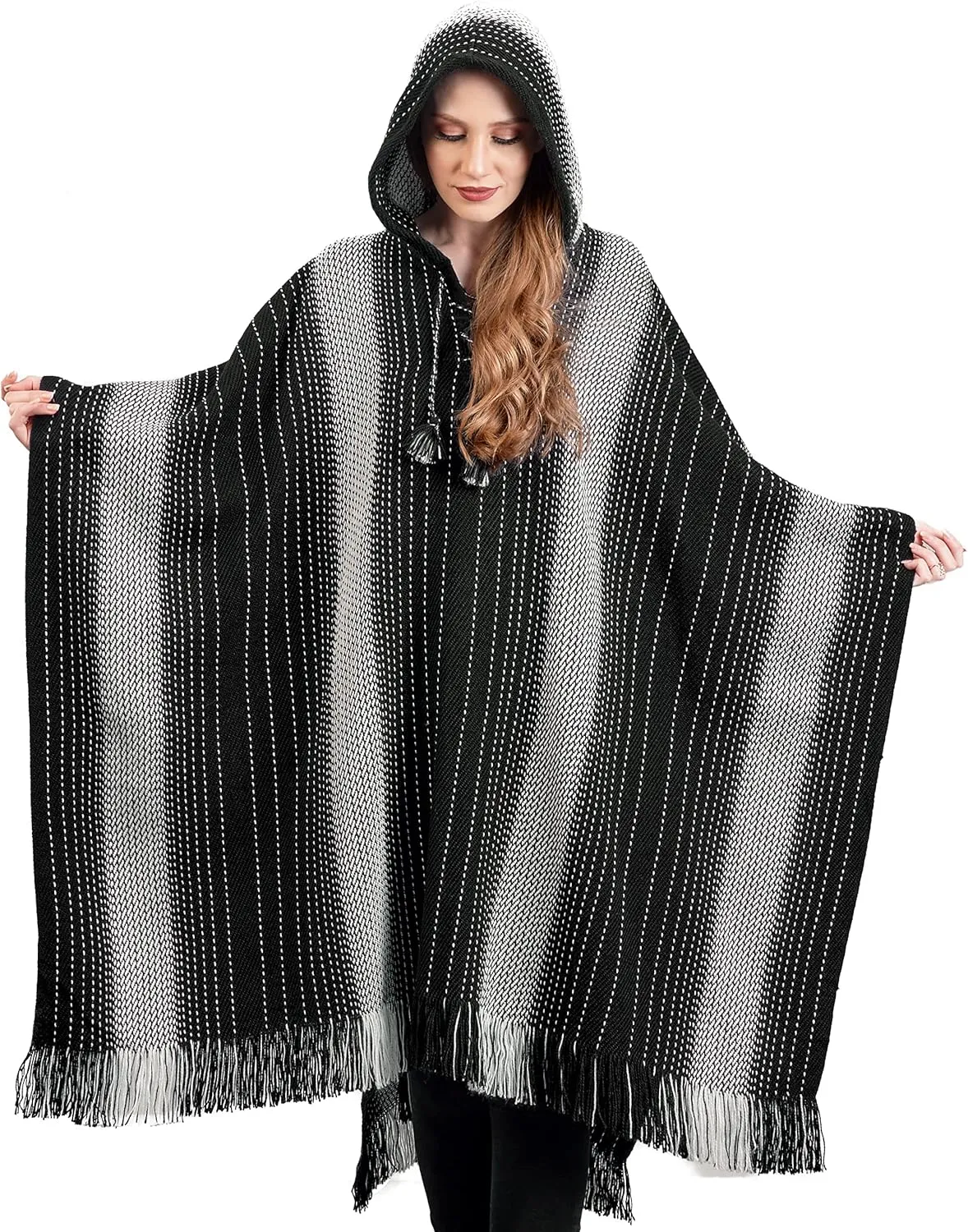 Alpaca Hooded Poncho for Women- Hippie Cloak Cape with Hood - WomensTraditional Serape Knitted with Alpaca Wool