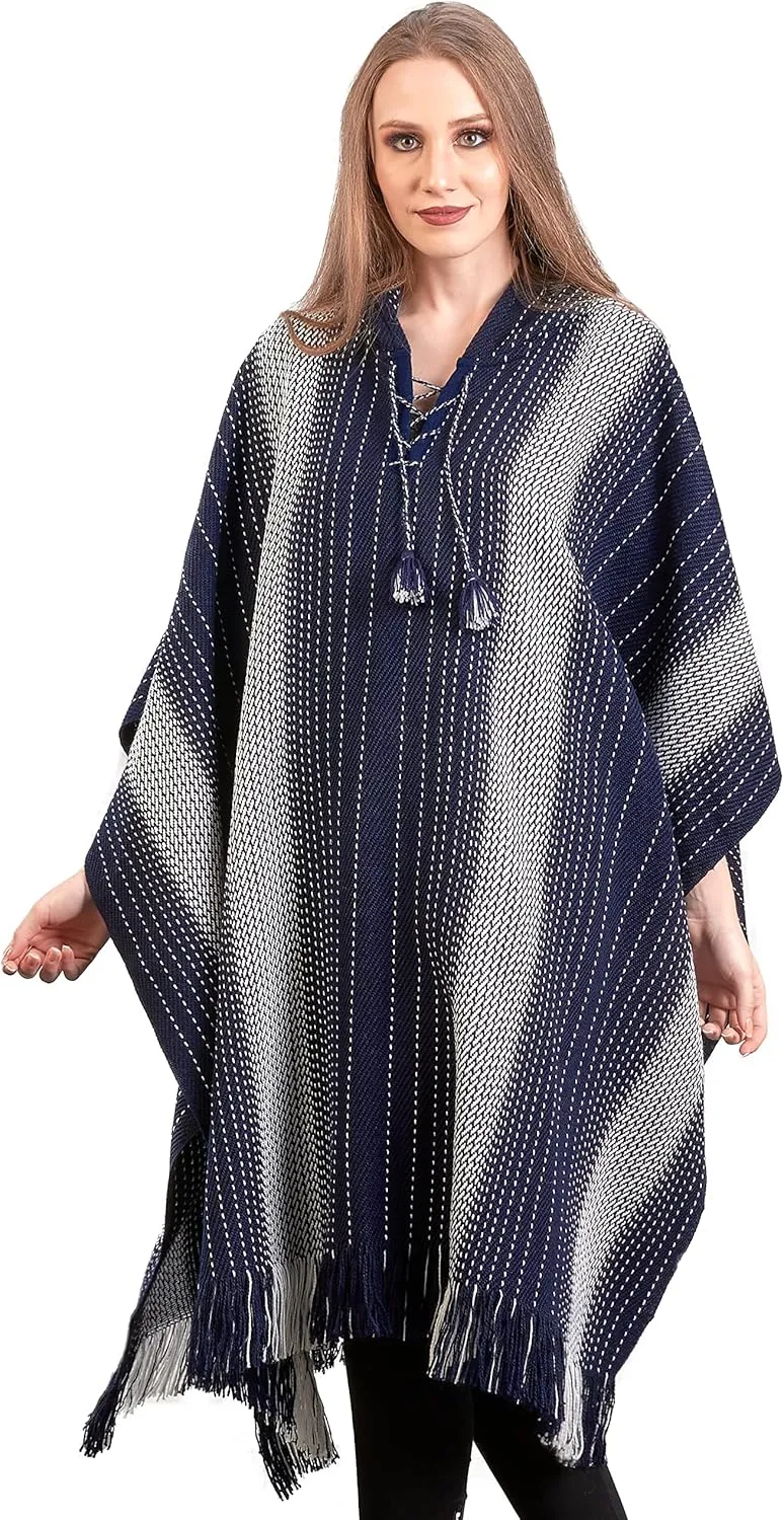 Alpaca Hooded Poncho for Women- Hippie Cloak Cape with Hood - WomensTraditional Serape Knitted with Alpaca Wool