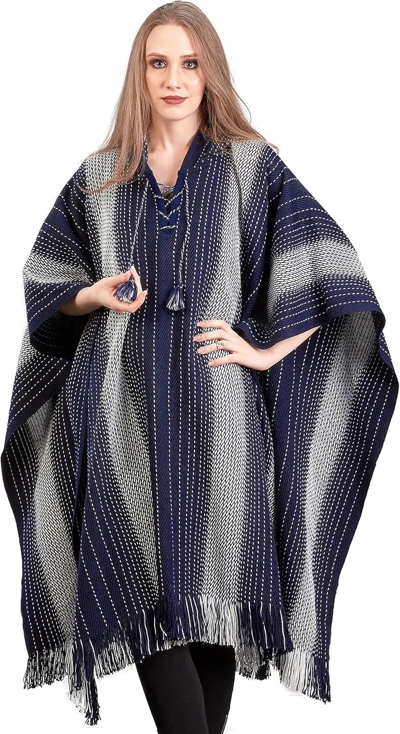 Alpaca Hooded Poncho for Women- Hippie Cloak Cape with Hood - WomensTraditional Serape Knitted with Alpaca Wool