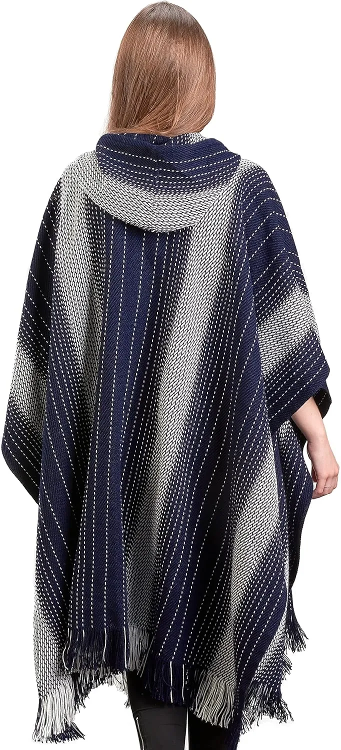 Alpaca Hooded Poncho for Women- Hippie Cloak Cape with Hood - WomensTraditional Serape Knitted with Alpaca Wool
