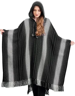 Alpaca Hooded Poncho for Women- Hippie Cloak Cape with Hood - WomensTraditional Serape Knitted with Alpaca Wool
