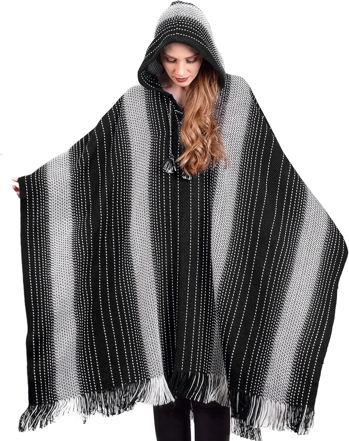 Alpaca Hooded Poncho for Women- Hippie Cloak Cape with Hood - WomensTraditional Serape Knitted with Alpaca Wool