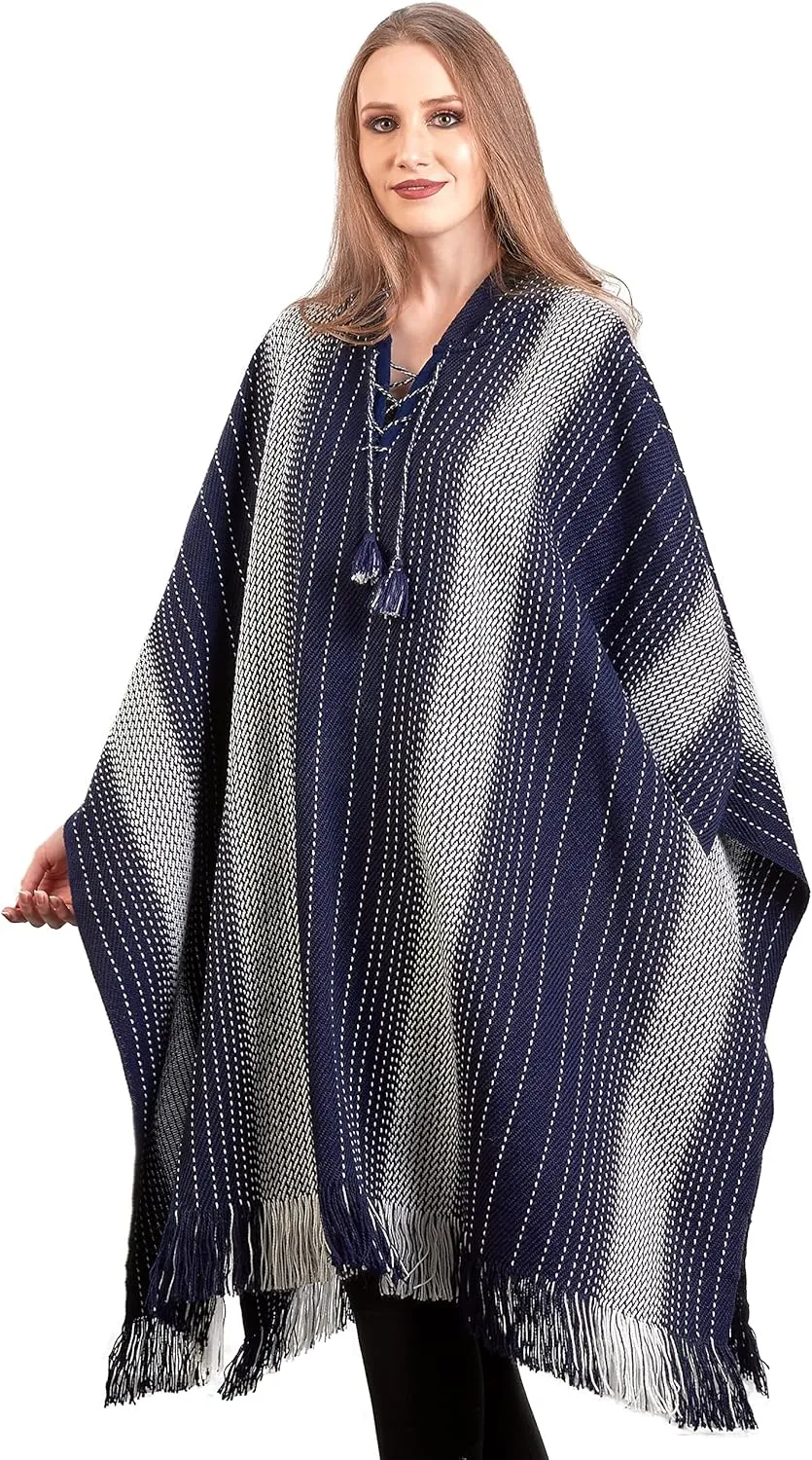 Alpaca Hooded Poncho for Women- Hippie Cloak Cape with Hood - WomensTraditional Serape Knitted with Alpaca Wool
