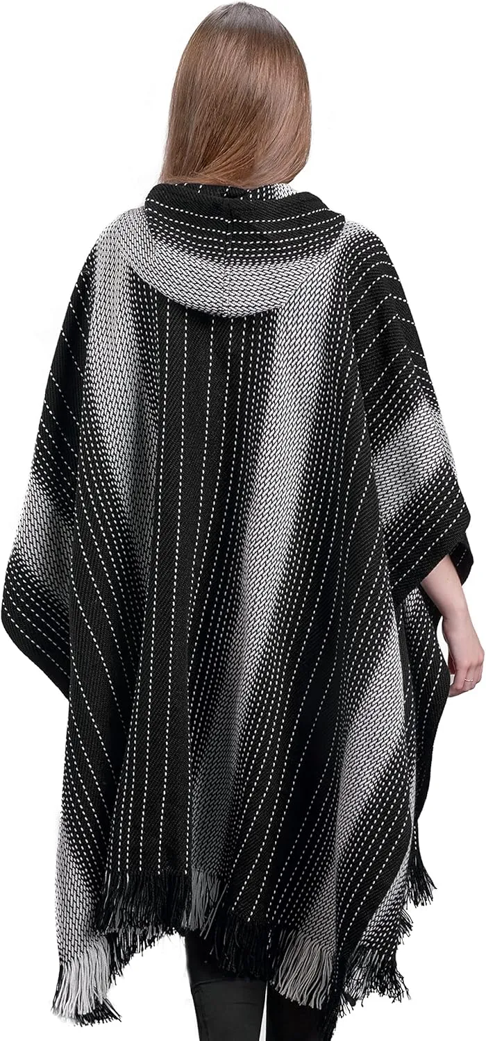 Alpaca Hooded Poncho for Women- Hippie Cloak Cape with Hood - WomensTraditional Serape Knitted with Alpaca Wool