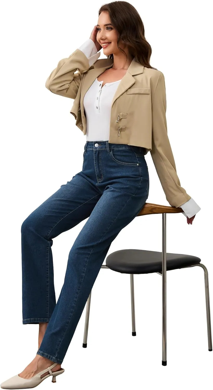 AMPOSH Womens High-Rise Straight Leg Jeans - Comfortable Stretch Denim Classic Fit Casual & Work Pants