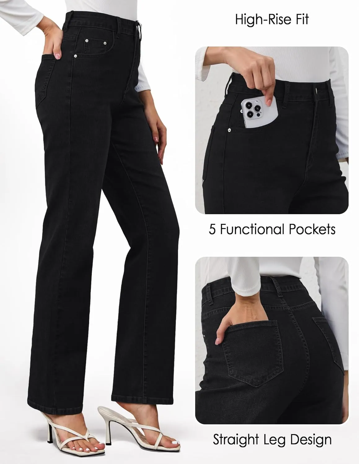 AMPOSH Womens High-Rise Straight Leg Jeans - Comfortable Stretch Denim Classic Fit Casual & Work Pants